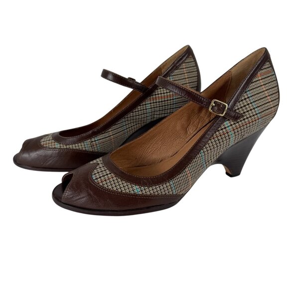 Corso Como Oxford Mary Janes Plaid Brown Peep Toe Heels Size 12 Academia Preppy - Picture 1 of 11